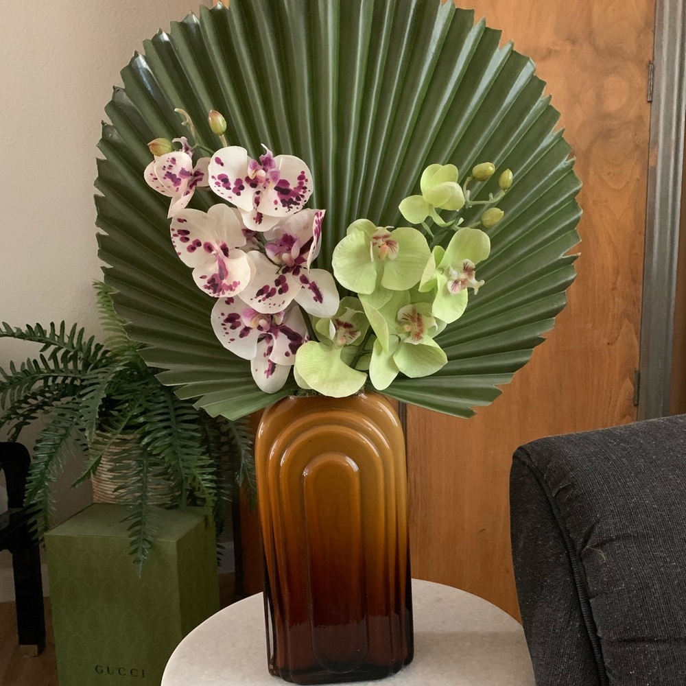 West Elm Designer Fan Palm and Orchid Arrangement with Art Deco Vase 💚